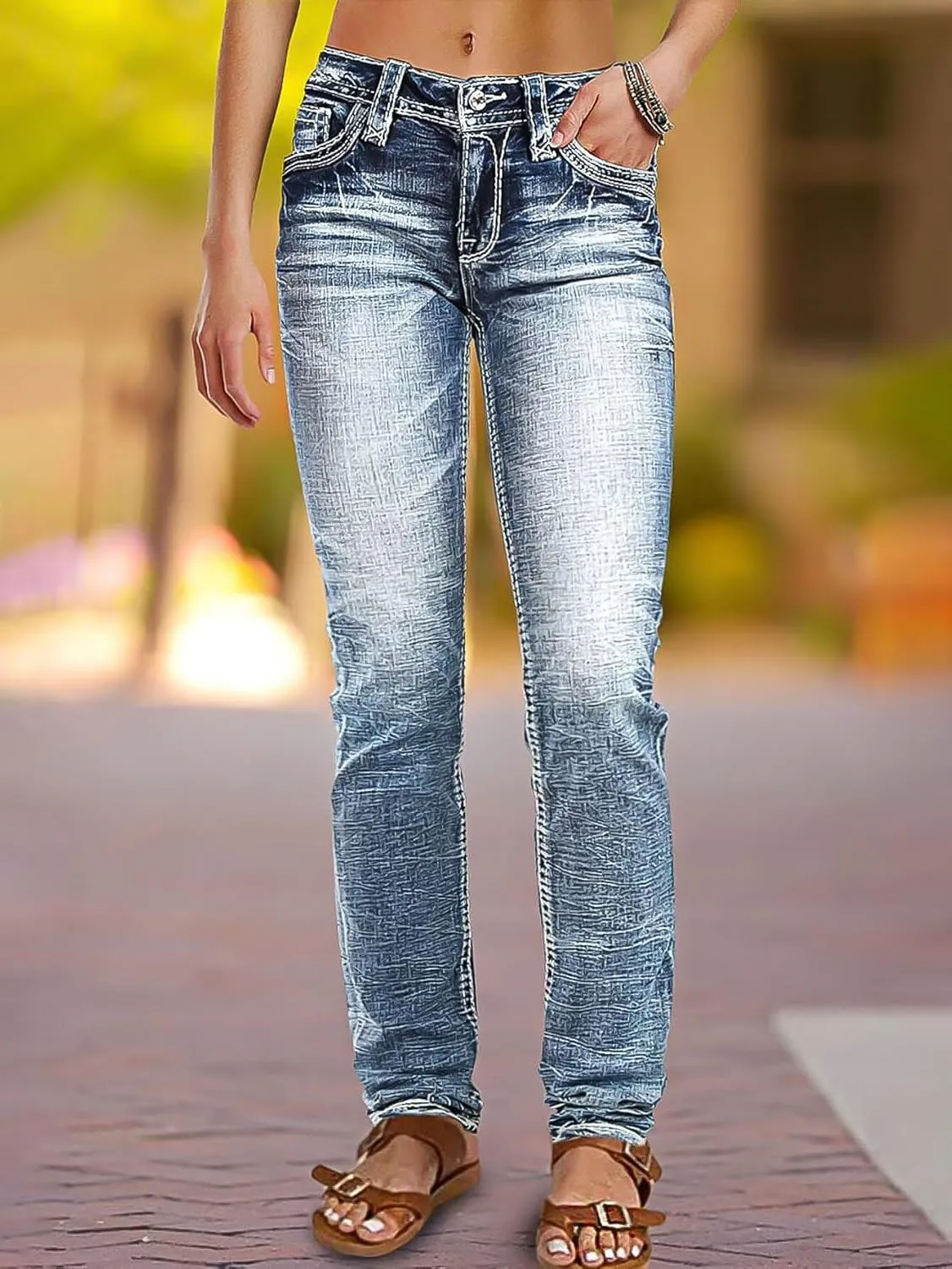 Flamingals Mid Rise Skinny Jeans for Women Trendy Wash Stretchy Butt Lifting Western Jeans with Pocket Back