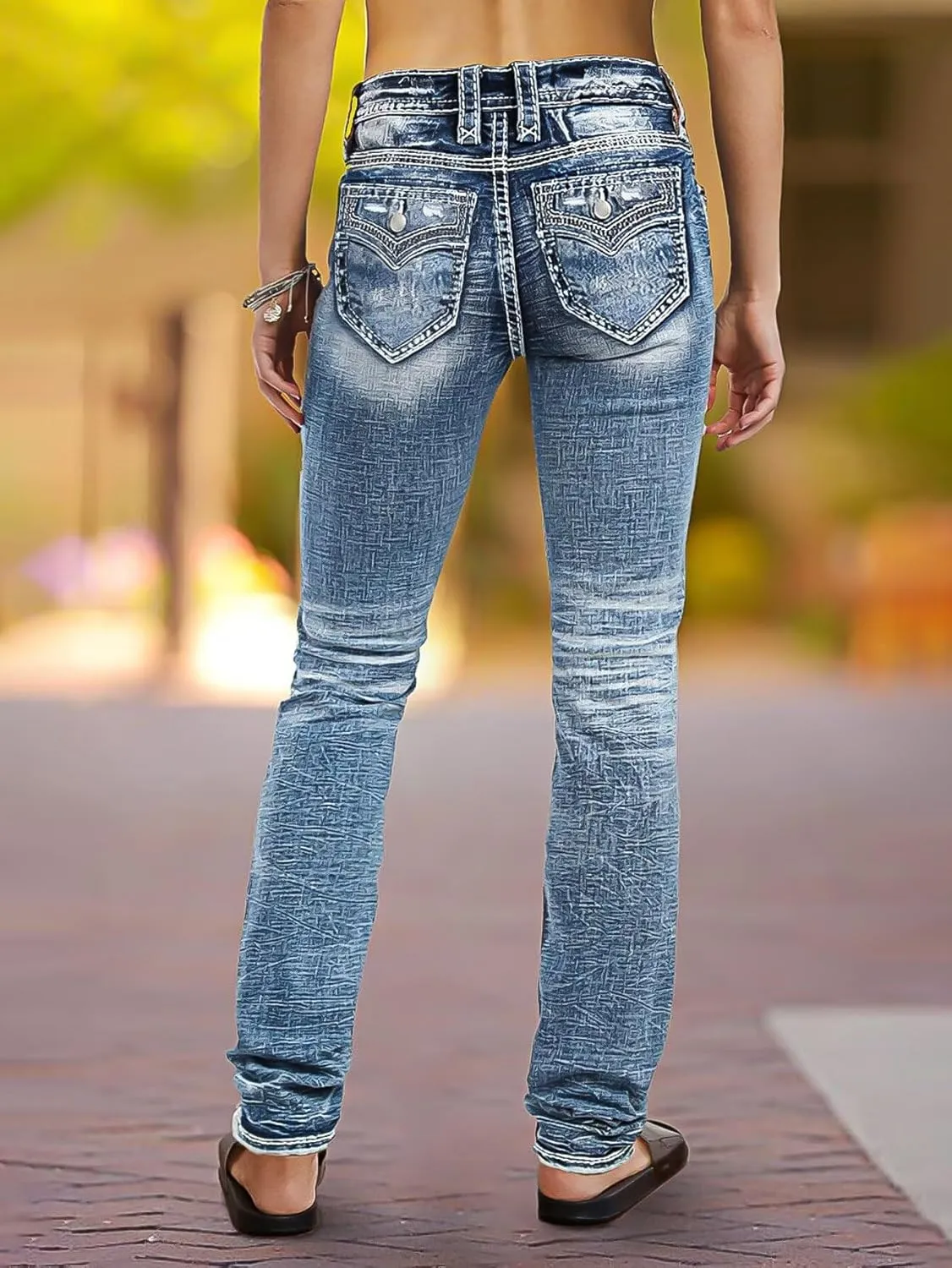 Flamingals Mid Rise Skinny Jeans for Women Trendy Wash Stretchy Butt Lifting Western Jeans with Pocket Back