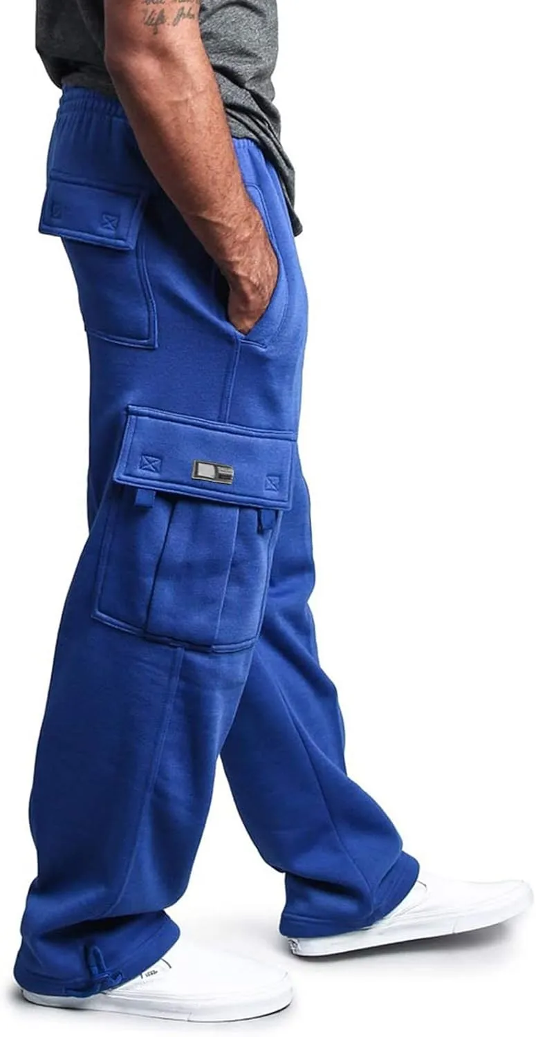 Fleece Cargo Pants for Men Casual Solid Plus Size Loose Fit Sweatpants Mens Baggy Stretch Waist Hiking Work Pants