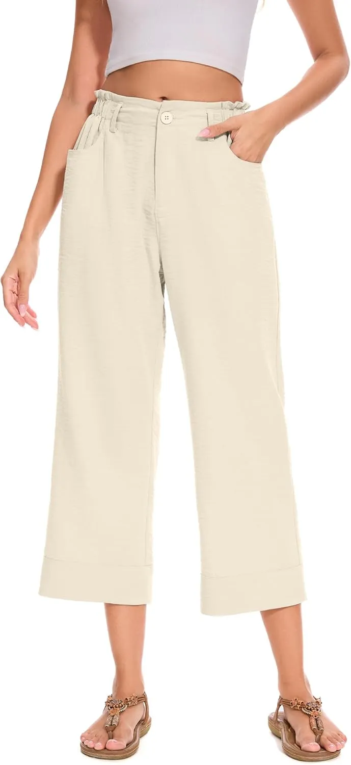 FUNYYZO Women Summer Capri Pants Trousers Pants Drawstring Waist Wide Leg Casual Loose Fit Dressy Pants