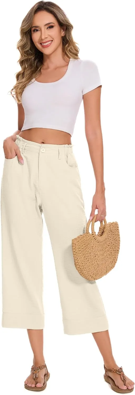 FUNYYZO Women Summer Capri Pants Trousers Pants Drawstring Waist Wide Leg Casual Loose Fit Dressy Pants
