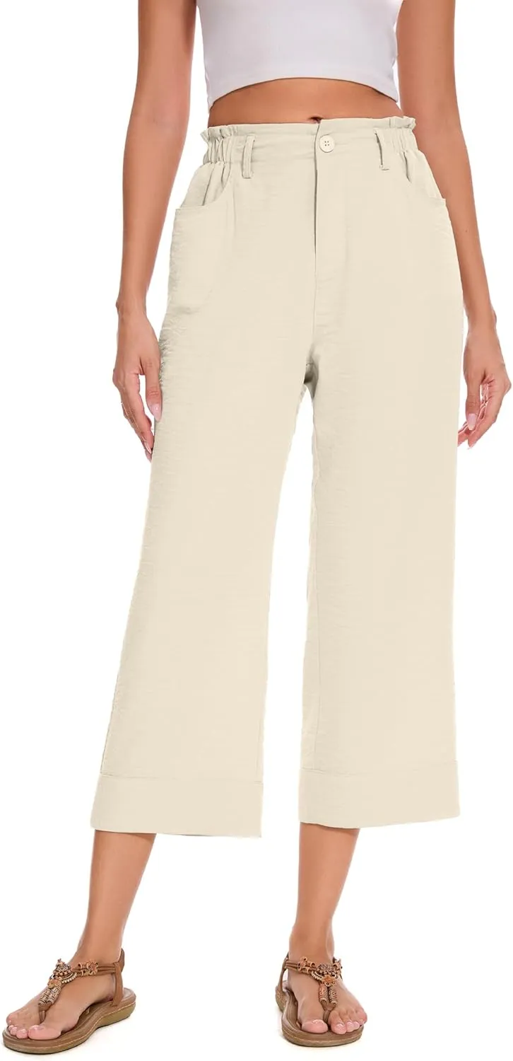 FUNYYZO Women Summer Capri Pants Trousers Pants Drawstring Waist Wide Leg Casual Loose Fit Dressy Pants