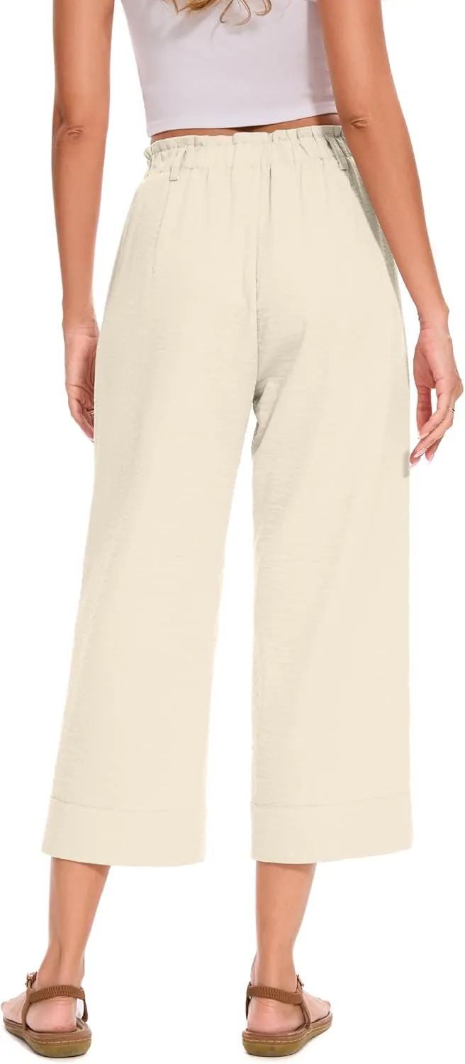 FUNYYZO Women Summer Capri Pants Trousers Pants Drawstring Waist Wide Leg Casual Loose Fit Dressy Pants