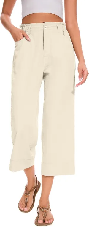 FUNYYZO Women Summer Capri Pants Trousers Pants Drawstring Waist Wide Leg Casual Loose Fit Dressy Pants