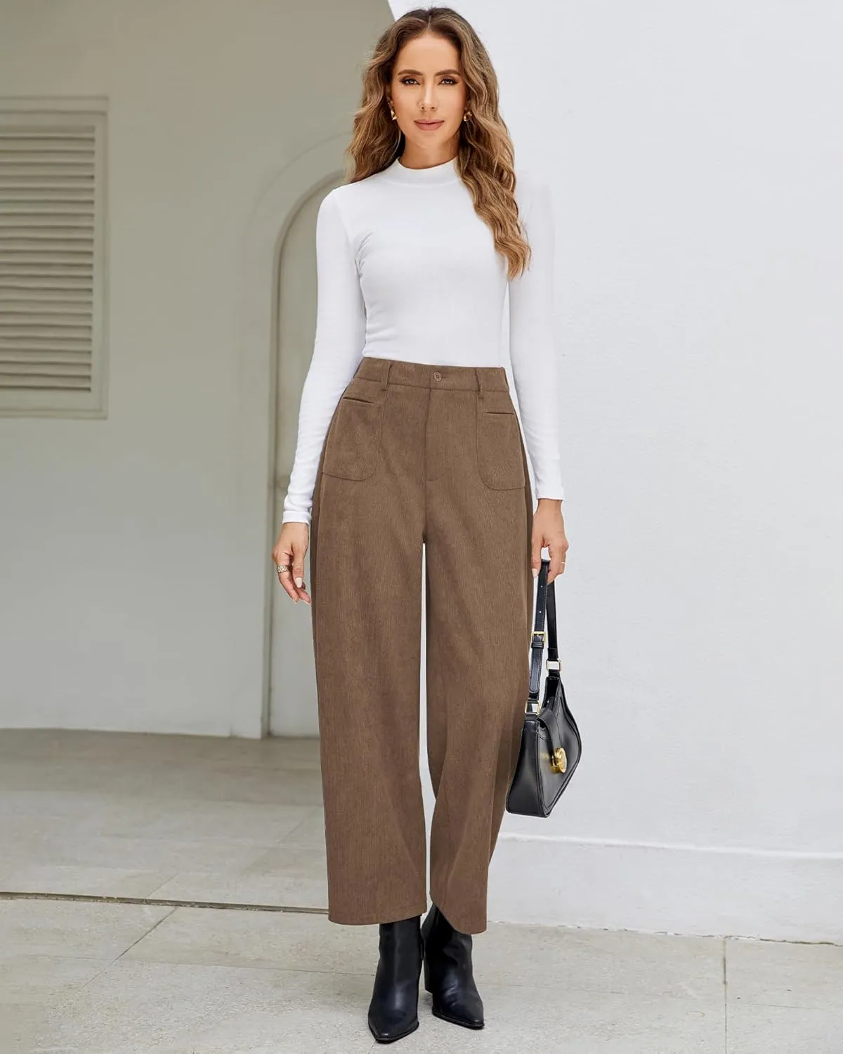 GRAPENT Barrel Pants for Women High Waisted Corduroy Elastic Waist Trendy Loose Casual Fall Trousers Pants with Pockets