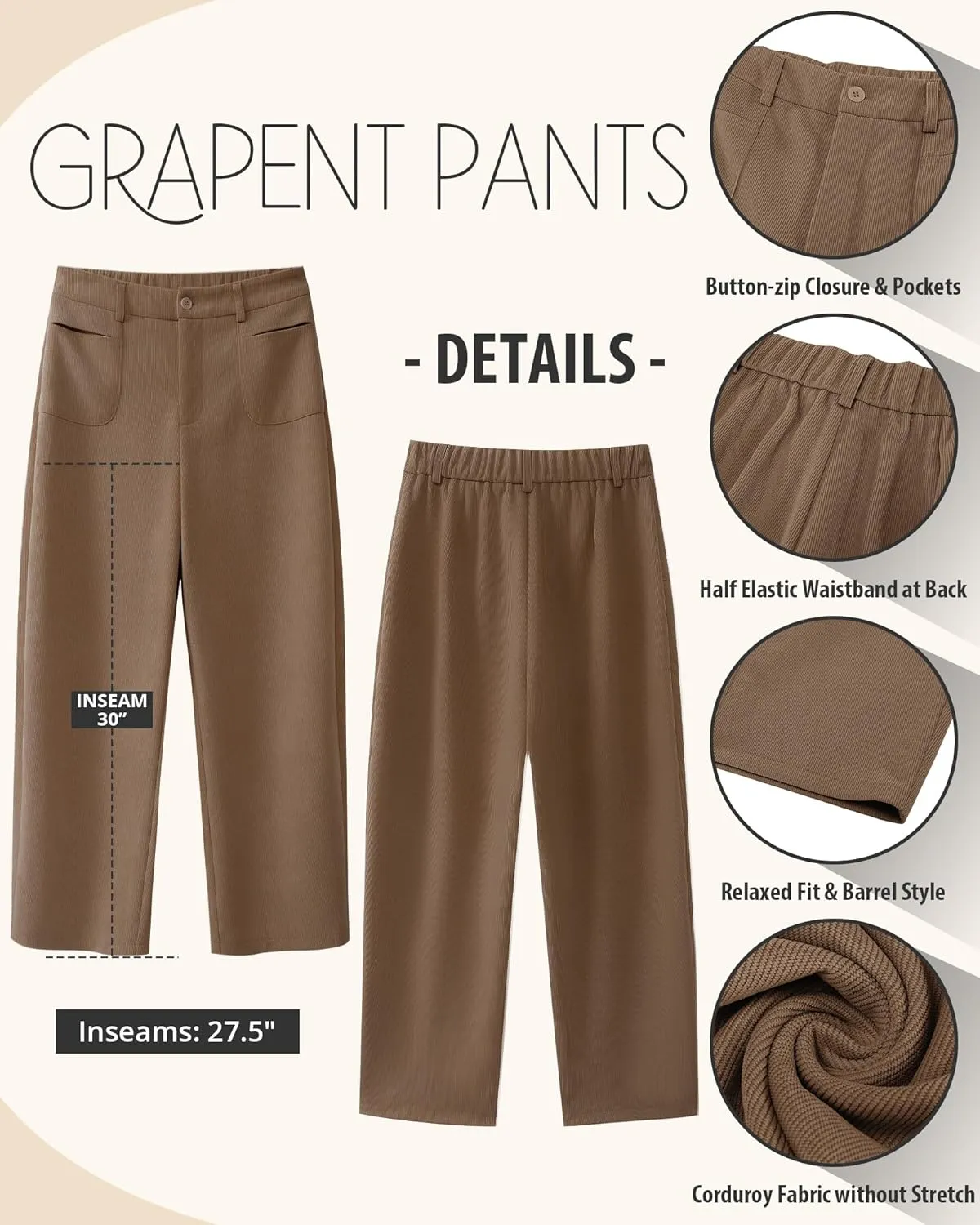 GRAPENT Barrel Pants for Women High Waisted Corduroy Elastic Waist Trendy Loose Casual Fall Trousers Pants with Pockets