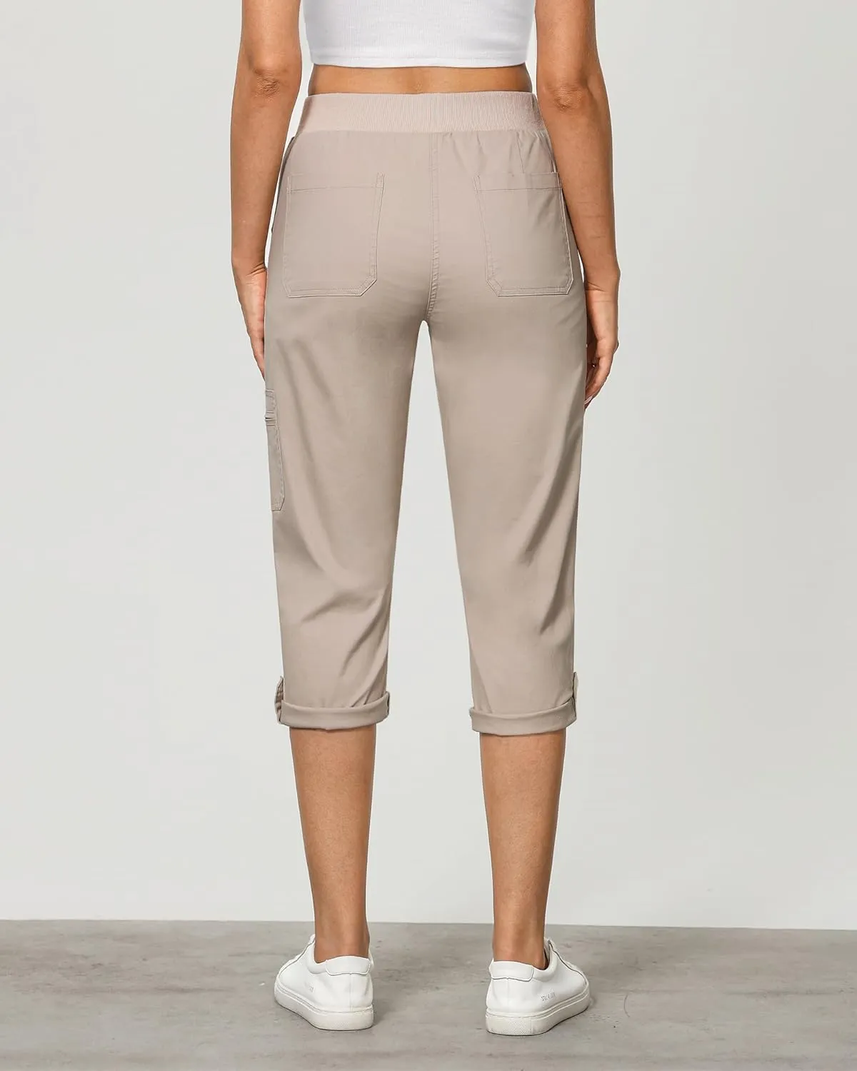 GRAPENT Capri Cargo Pants for Women High Waisted Pull On Elastic Waist Stretch Twill Fold Hem Capris Pants with Pockets