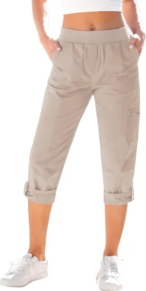 GRAPENT Capri Cargo Pants for Women High Waisted Pull On Elastic Waist Stretch Twill Fold Hem Capris Pants with Pockets