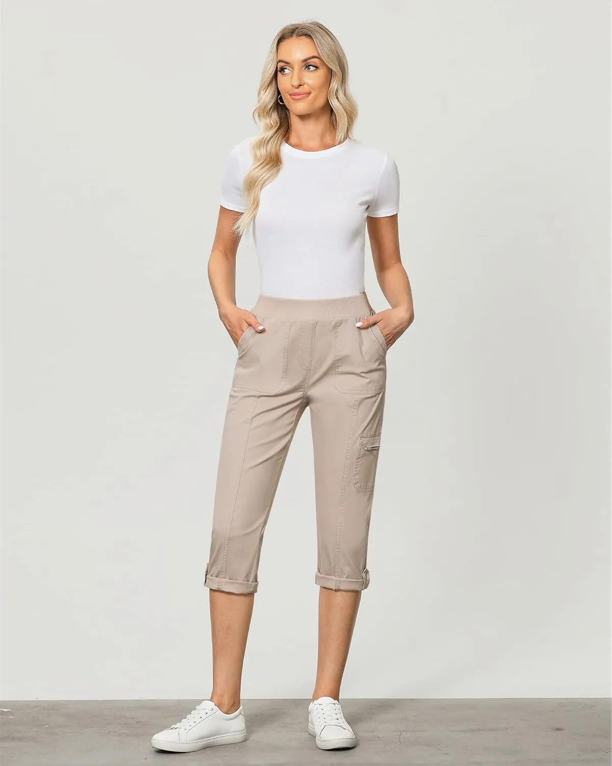 GRAPENT Capri Cargo Pants for Women High Waisted Pull On Elastic Waist Stretch Twill Fold Hem Capris Pants with Pockets