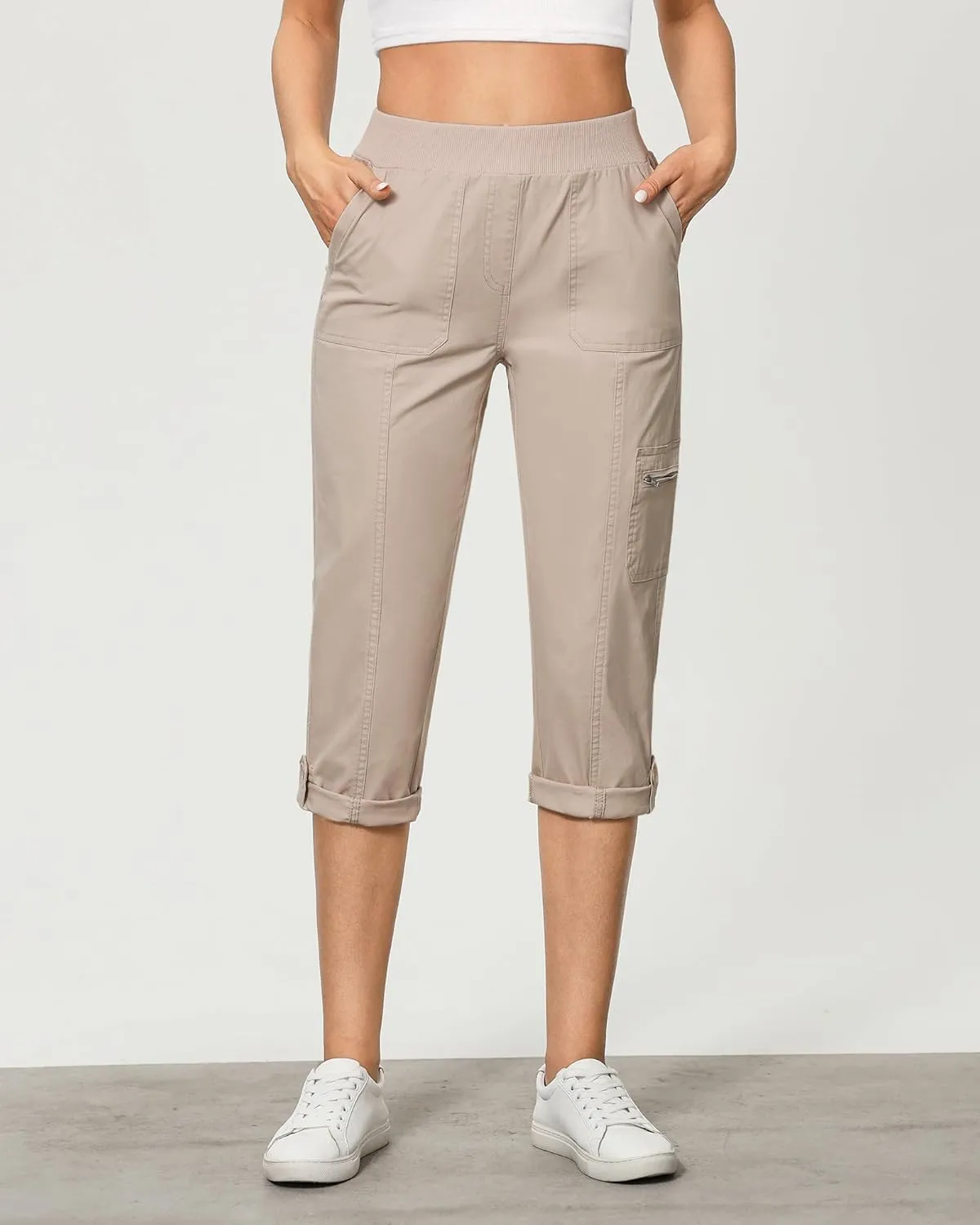 GRAPENT Capri Cargo Pants for Women High Waisted Pull On Elastic Waist Stretch Twill Fold Hem Capris Pants with Pockets