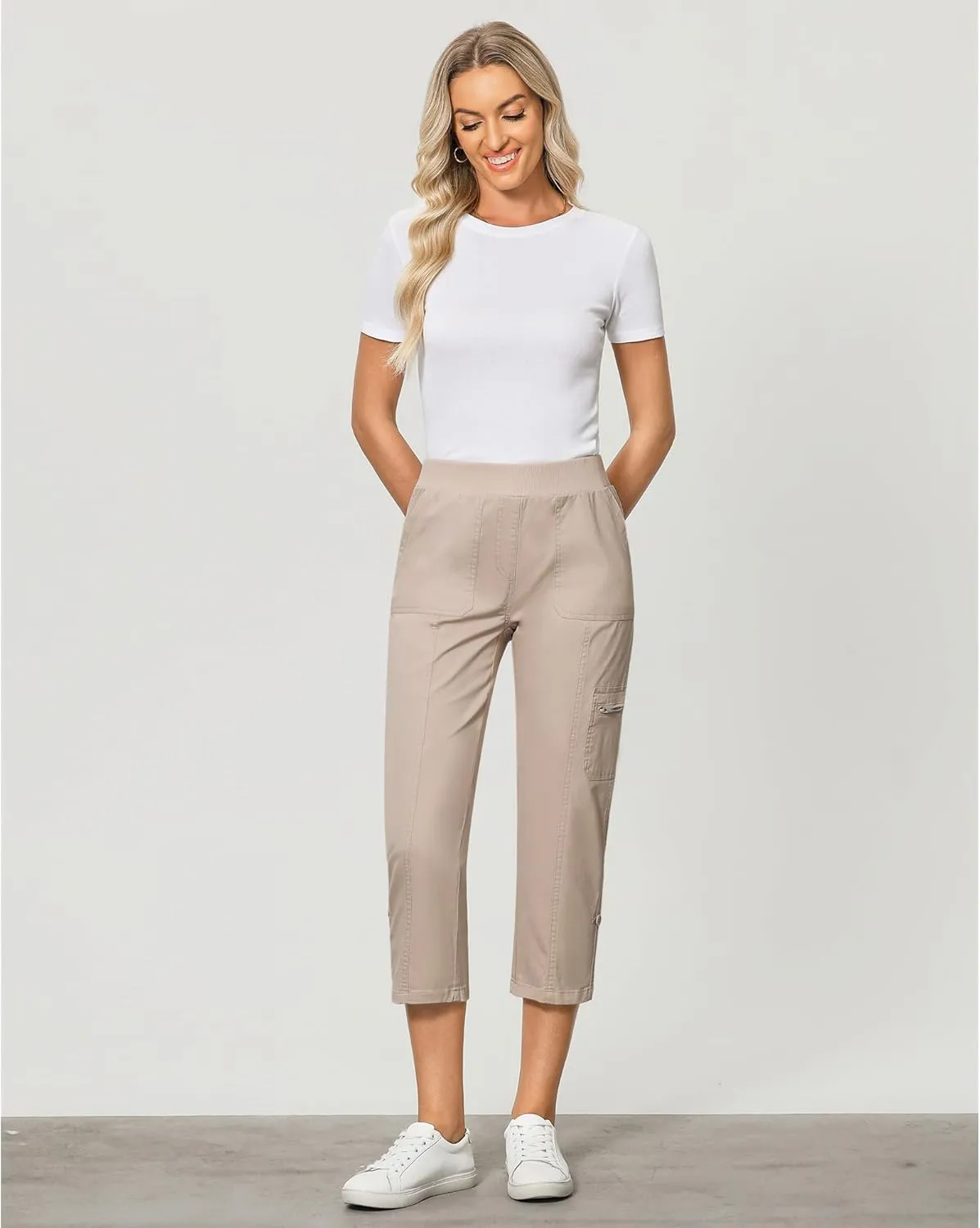 GRAPENT Capri Cargo Pants for Women High Waisted Pull On Elastic Waist Stretch Twill Fold Hem Capris Pants with Pockets