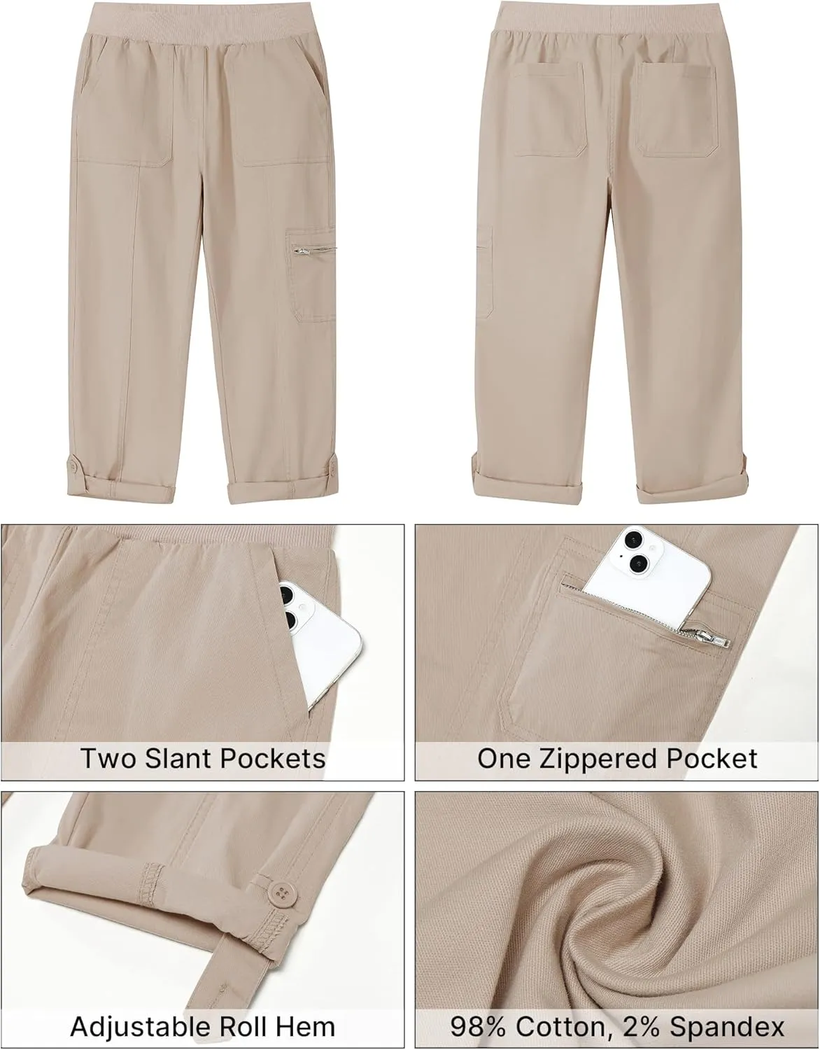 GRAPENT Capri Cargo Pants for Women High Waisted Pull On Elastic Waist Stretch Twill Fold Hem Capris Pants with Pockets