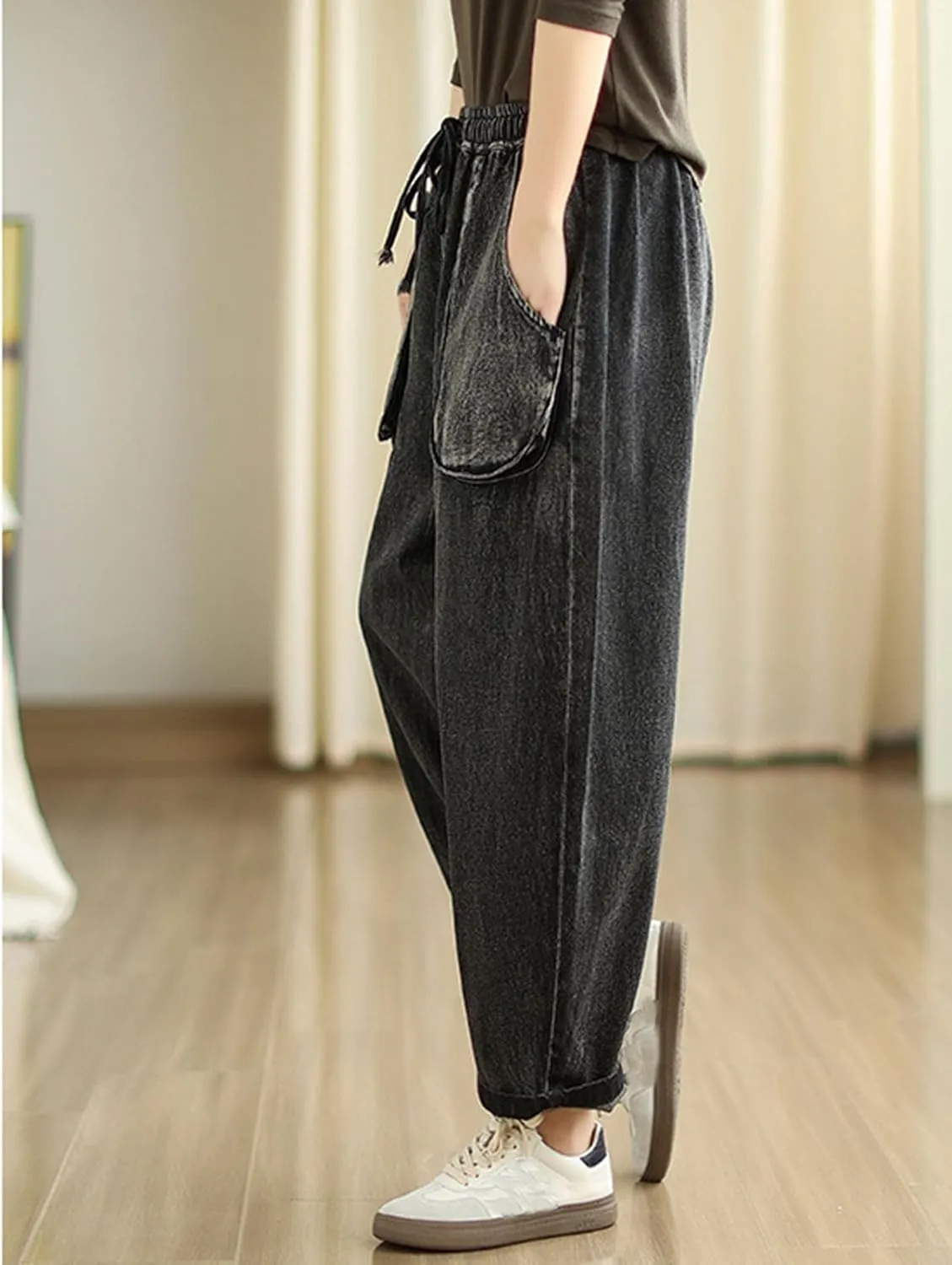 HALITOSS Womens Casual Cropped Jeans Wide Leg Denim Pants Harem Ankle Length Trousers Elastic Waist/Pockets