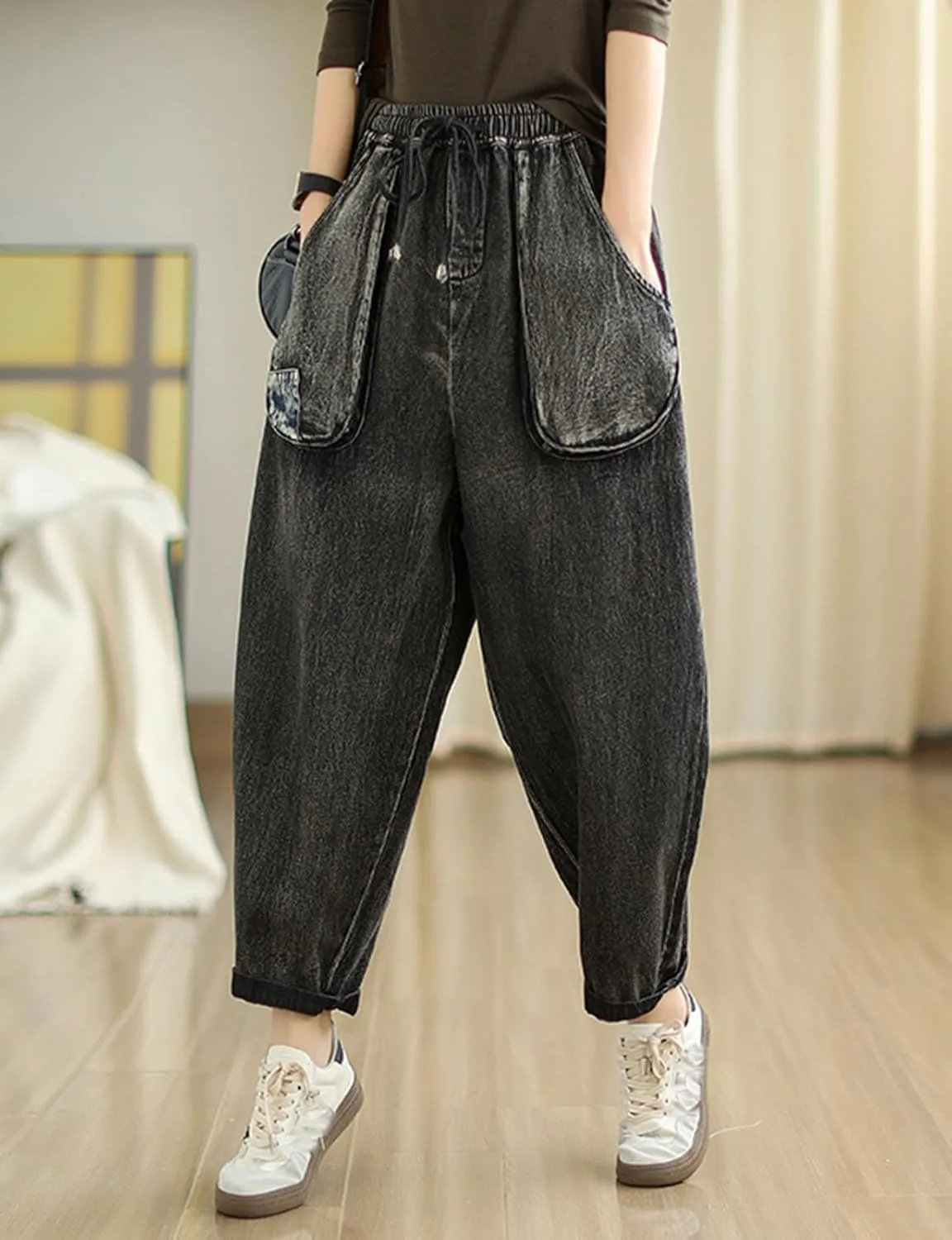 HALITOSS Womens Casual Cropped Jeans Wide Leg Denim Pants Harem Ankle Length Trousers Elastic Waist/Pockets
