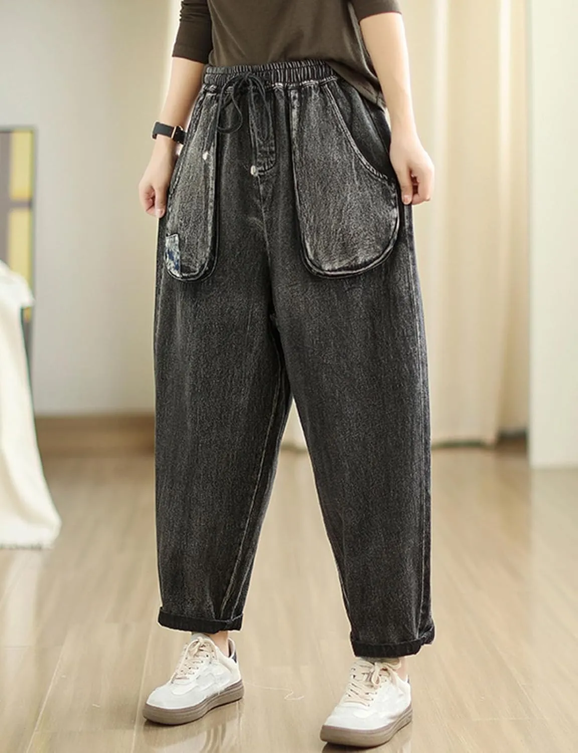 HALITOSS Womens Casual Cropped Jeans Wide Leg Denim Pants Harem Ankle Length Trousers Elastic Waist/Pockets