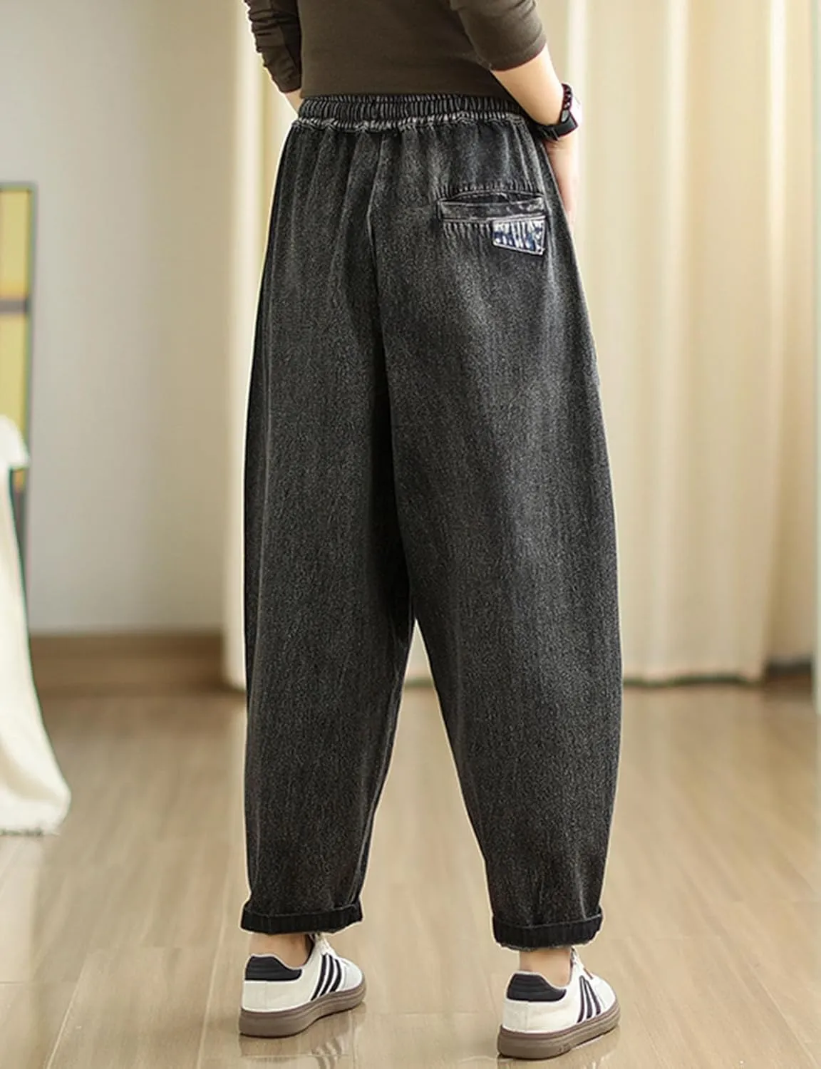 HALITOSS Womens Casual Cropped Jeans Wide Leg Denim Pants Harem Ankle Length Trousers Elastic Waist/Pockets