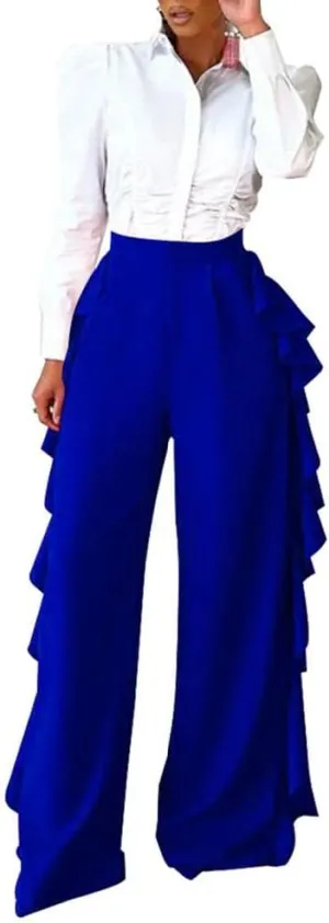 HANMAX Women's High Waist Casual Ruffle Wide Leg Long Palazzo Pants Trousers