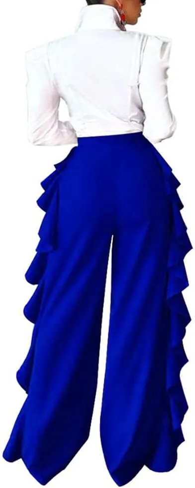 HANMAX Women's High Waist Casual Ruffle Wide Leg Long Palazzo Pants Trousers