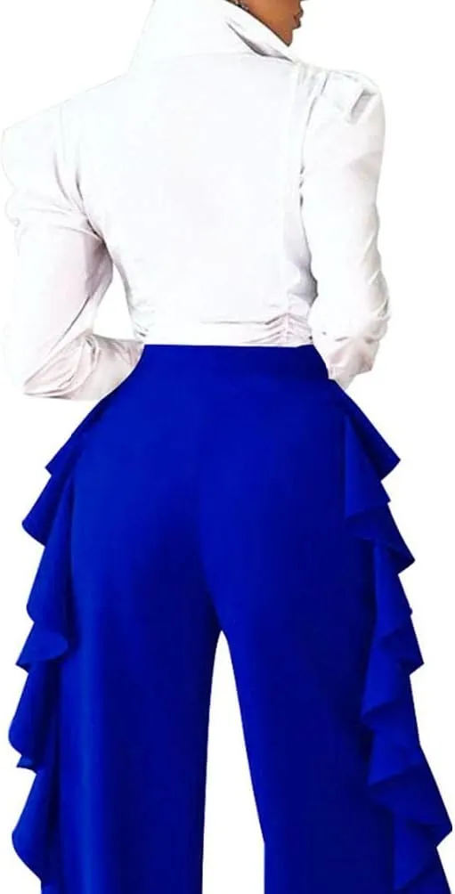HANMAX Women's High Waist Casual Ruffle Wide Leg Long Palazzo Pants Trousers