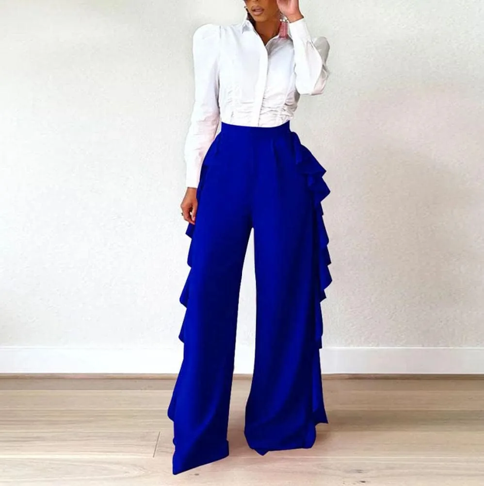 HANMAX Women's High Waist Casual Ruffle Wide Leg Long Palazzo Pants Trousers