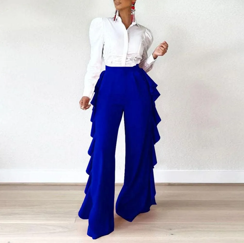 HANMAX Women's High Waist Casual Ruffle Wide Leg Long Palazzo Pants Trousers