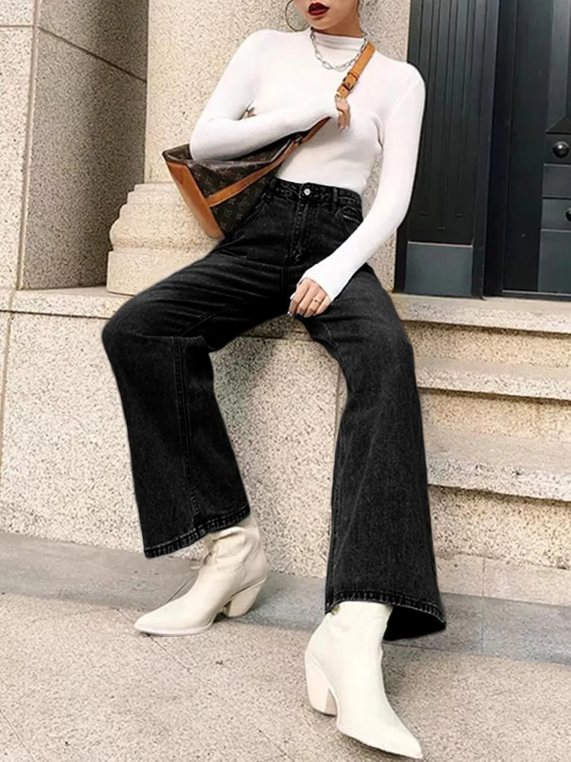 HDLTE Women Ripped Boyfriends Jeans Distressed High Waist Baggy Denim Pants Wide Leg Straight Trousers Y2k Streetwear Pants