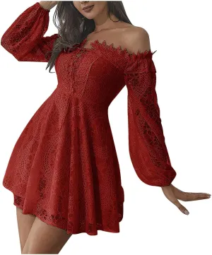 HGps8w Women Off The Shoulder Floral Lace Mini Dress Casual Solid Lantern Long Sleeve A-Line Swing Cocktail Party Dresses