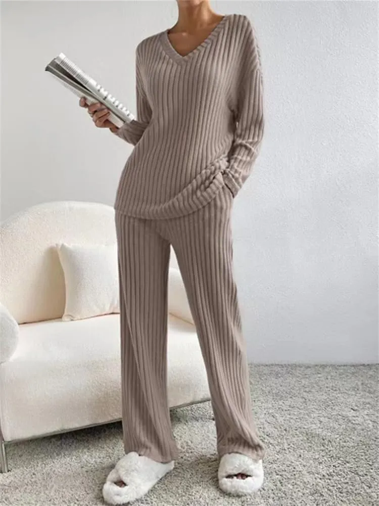 HOULENGS Women's 2 Piece Ribbed Knit Outfits Long Sleeve V Neck Pullover Sweater Wide Leg Loungewear Tracksuits