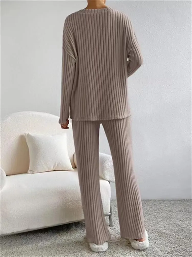 HOULENGS Women's 2 Piece Ribbed Knit Outfits Long Sleeve V Neck Pullover Sweater Wide Leg Loungewear Tracksuits