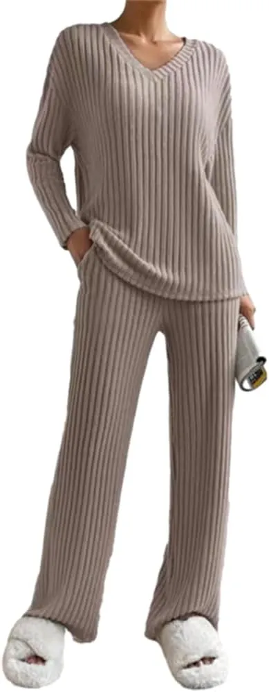 HOULENGS Women's 2 Piece Ribbed Knit Outfits Long Sleeve V Neck Pullover Sweater Wide Leg Loungewear Tracksuits