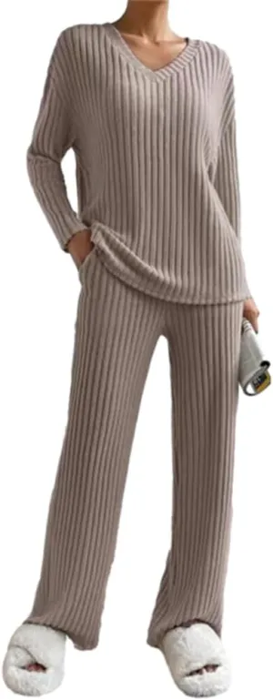 HOULENGS Women's 2 Piece Ribbed Knit Outfits Long Sleeve V Neck Pullover Sweater Wide Leg Loungewear Tracksuits