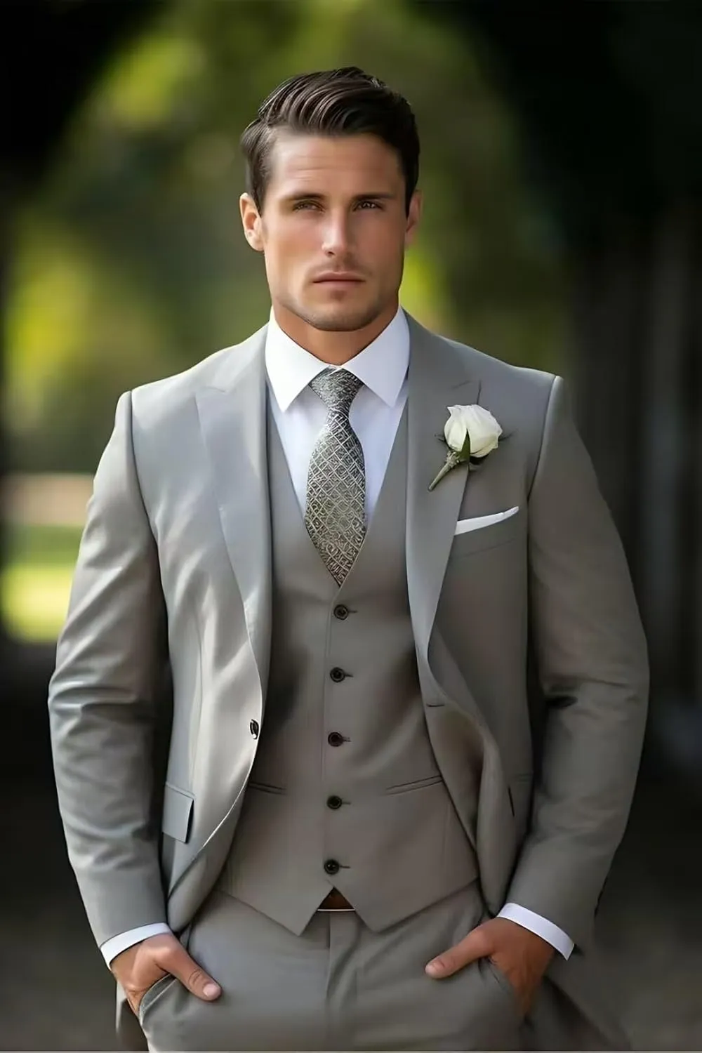 HUUTOE Mens 3 Piece Suits Slim Fit Peak Lapel One Button Blazer Wedding Business Prom Suit Jacket Vest and Pants Tuxedo Set