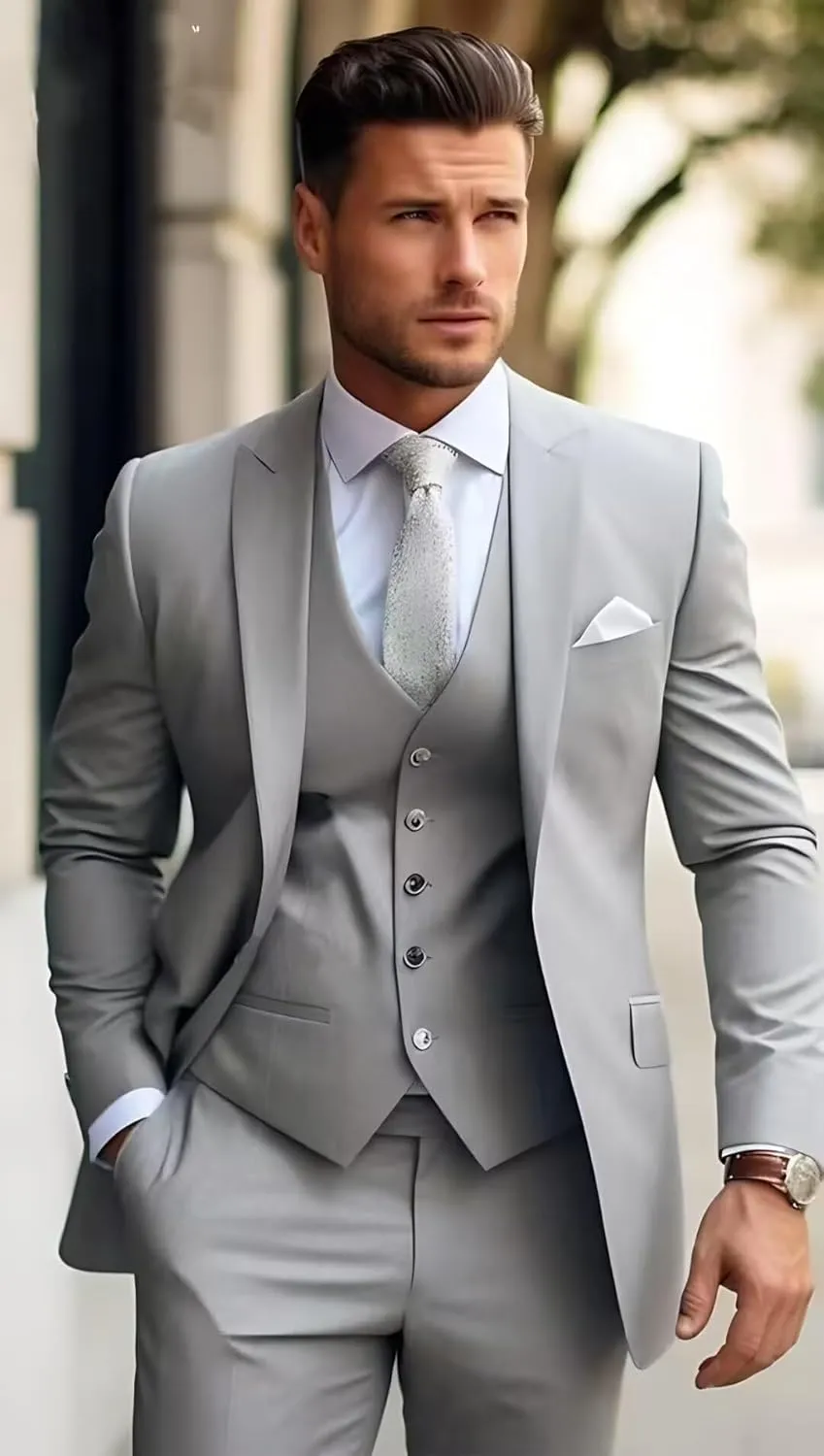 HUUTOE Mens 3 Piece Suits Slim Fit Peak Lapel One Button Blazer Wedding Business Prom Suit Jacket Vest and Pants Tuxedo Set