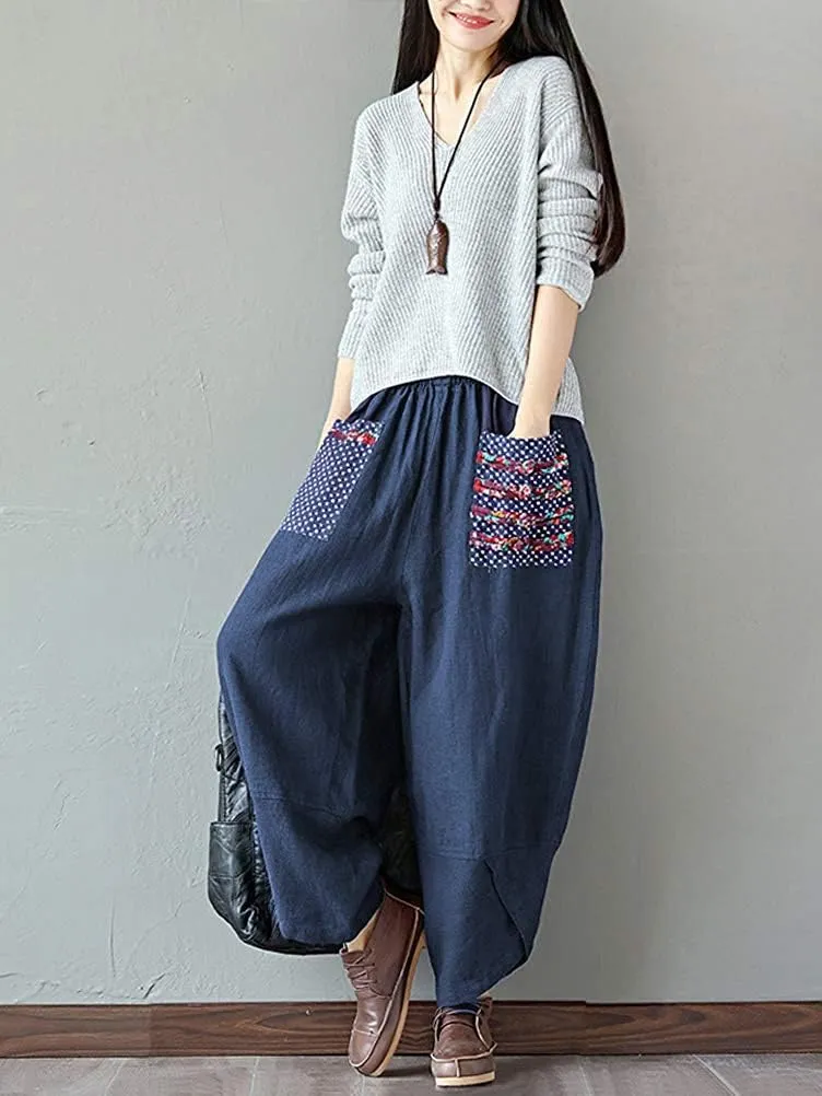 Hwayslon Women's Baggy Linen Wide Leg Trousers Casual Patchwork Elastic Waist Harem Pants Harlan Pants M -XXL