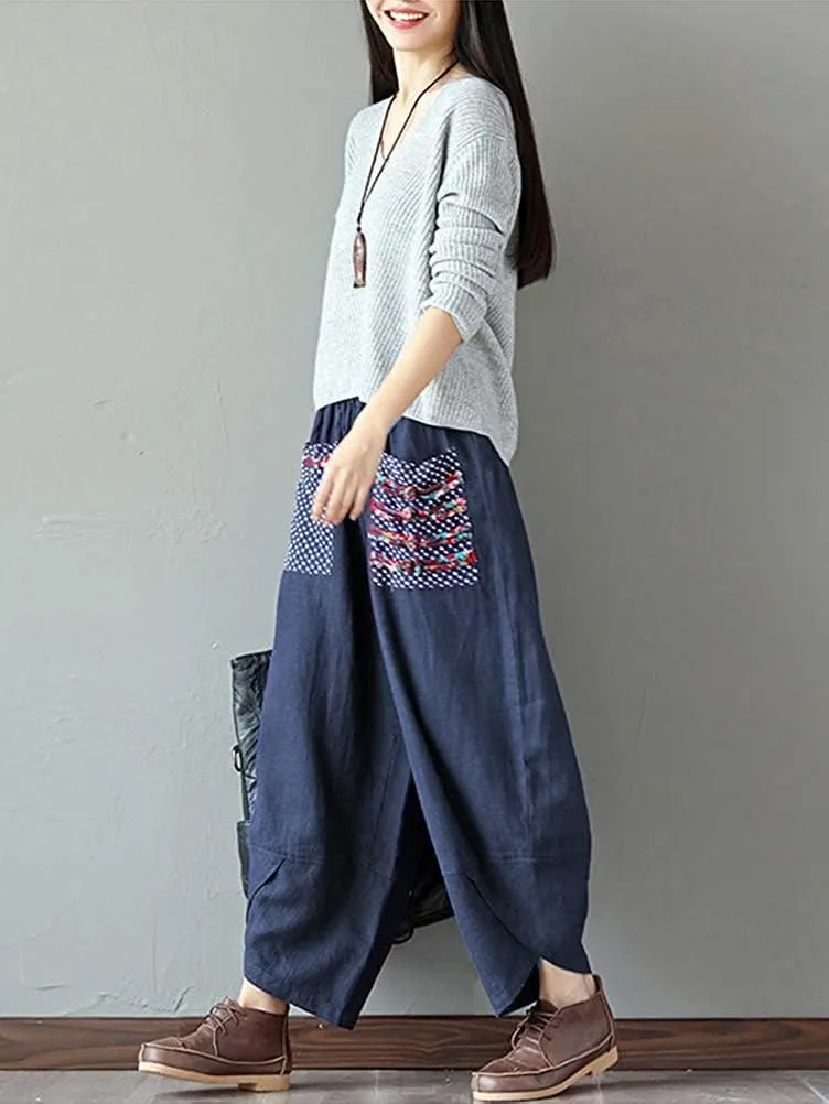 Hwayslon Women's Baggy Linen Wide Leg Trousers Casual Patchwork Elastic Waist Harem Pants Harlan Pants M -XXL
