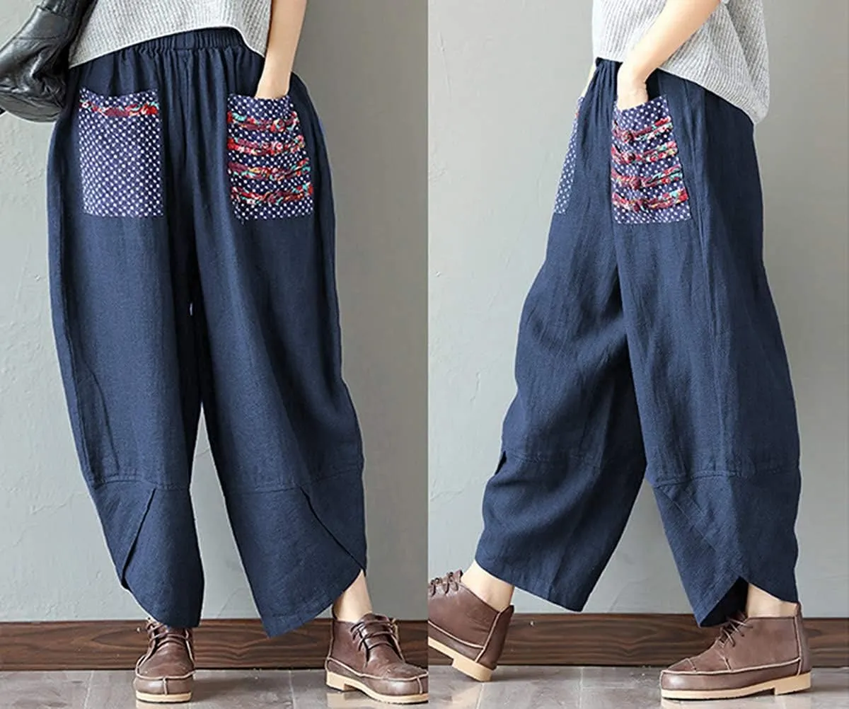 Hwayslon Women's Baggy Linen Wide Leg Trousers Casual Patchwork Elastic Waist Harem Pants Harlan Pants M -XXL