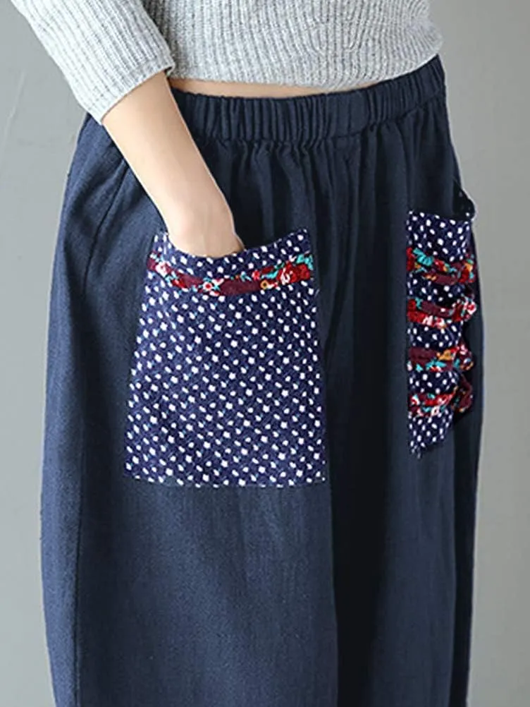 Hwayslon Women's Baggy Linen Wide Leg Trousers Casual Patchwork Elastic Waist Harem Pants Harlan Pants M -XXL