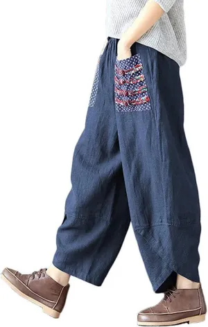 Hwayslon Women's Baggy Linen Wide Leg Trousers Casual Patchwork Elastic Waist Harem Pants Harlan Pants M -XXL