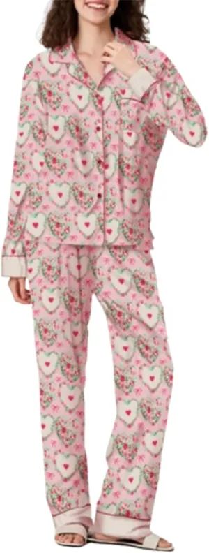 IMISSILLEB Womens Valentines Day Pajamas Set Heart Bow Long Sleeve Button Down Shirt Pants 2 Piece Silk Loungewear Sleepwear