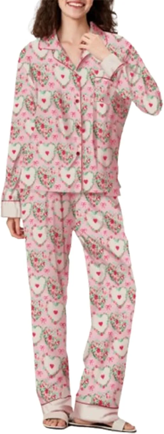IMISSILLEB Womens Valentines Day Pajamas Set Heart Bow Long Sleeve Button Down Shirt Pants 2 Piece Silk Loungewear Sleepwear