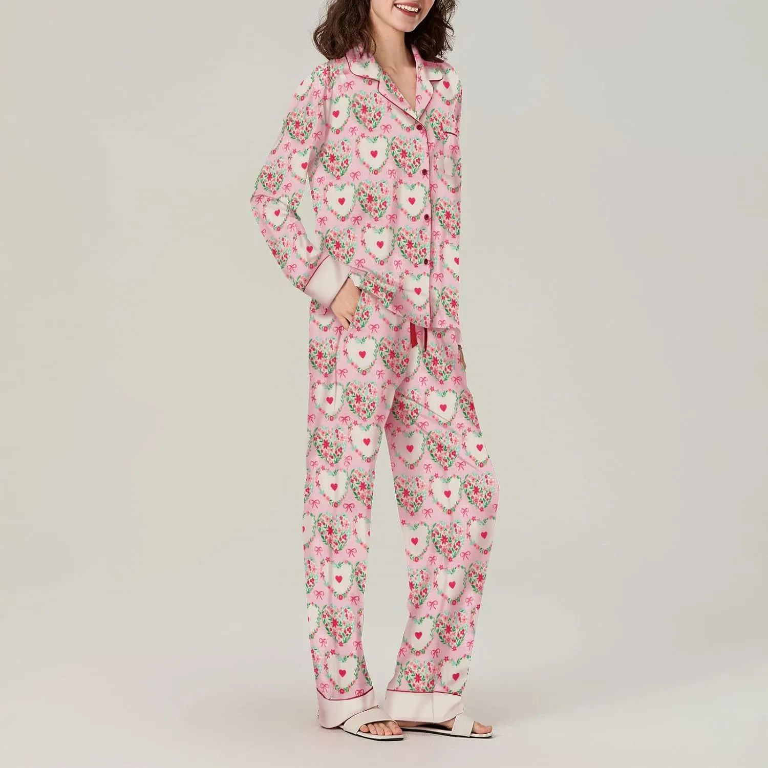 IMISSILLEB Womens Valentines Day Pajamas Set Heart Bow Long Sleeve Button Down Shirt Pants 2 Piece Silk Loungewear Sleepwear