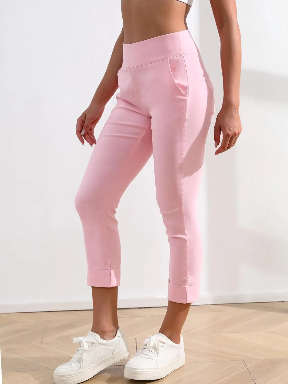 JAMfit Women's Pull-On Capri Pants Stretch High Waist Dressy Casual Cropped Pants with Pockets