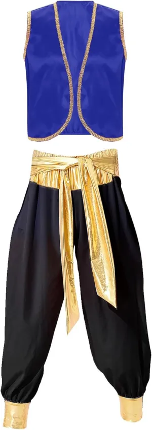JEATHA Men's Arabian Prince Street Rat Costume for Adults Sleeveless Vest with Belt Harem Pants Cosplay Fancy Outfit Party
