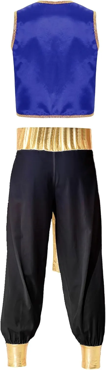 JEATHA Men's Arabian Prince Street Rat Costume for Adults Sleeveless Vest with Belt Harem Pants Cosplay Fancy Outfit Party