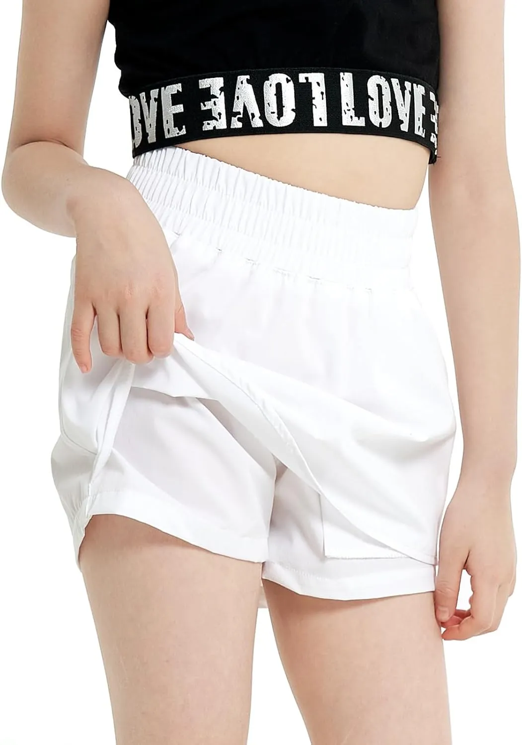 JiAmy Girls Athletic Shorts 2 in 1 Running Casual Workout Overlay High Waisted Elastic Waist Activewear with Zip Pockets