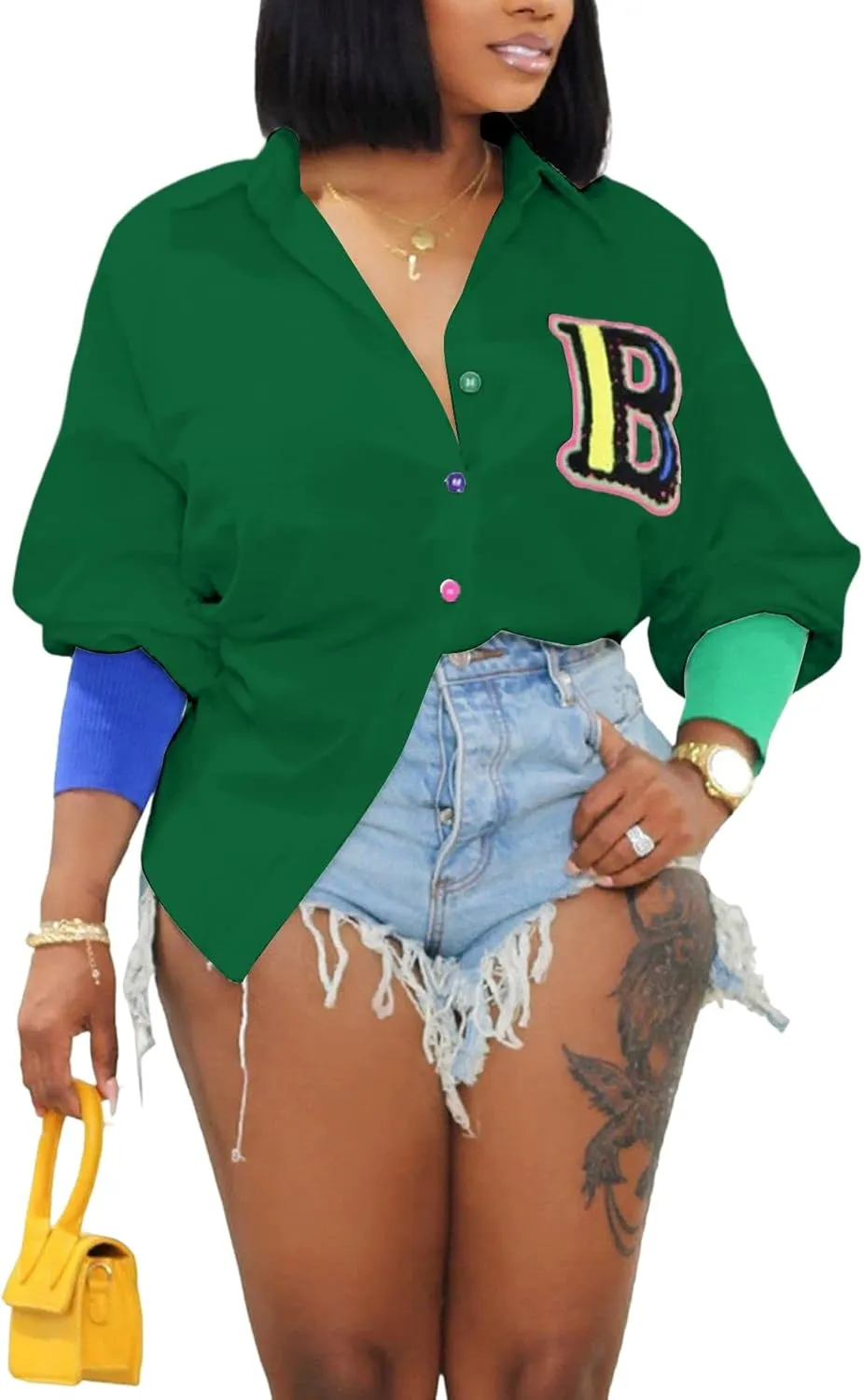 kaimimei Shirt Dress for Women Sexy-Color Block Letter Embroidery Button Down Long Sleeve Ribbed Cuff Club Blouse Mini Dress