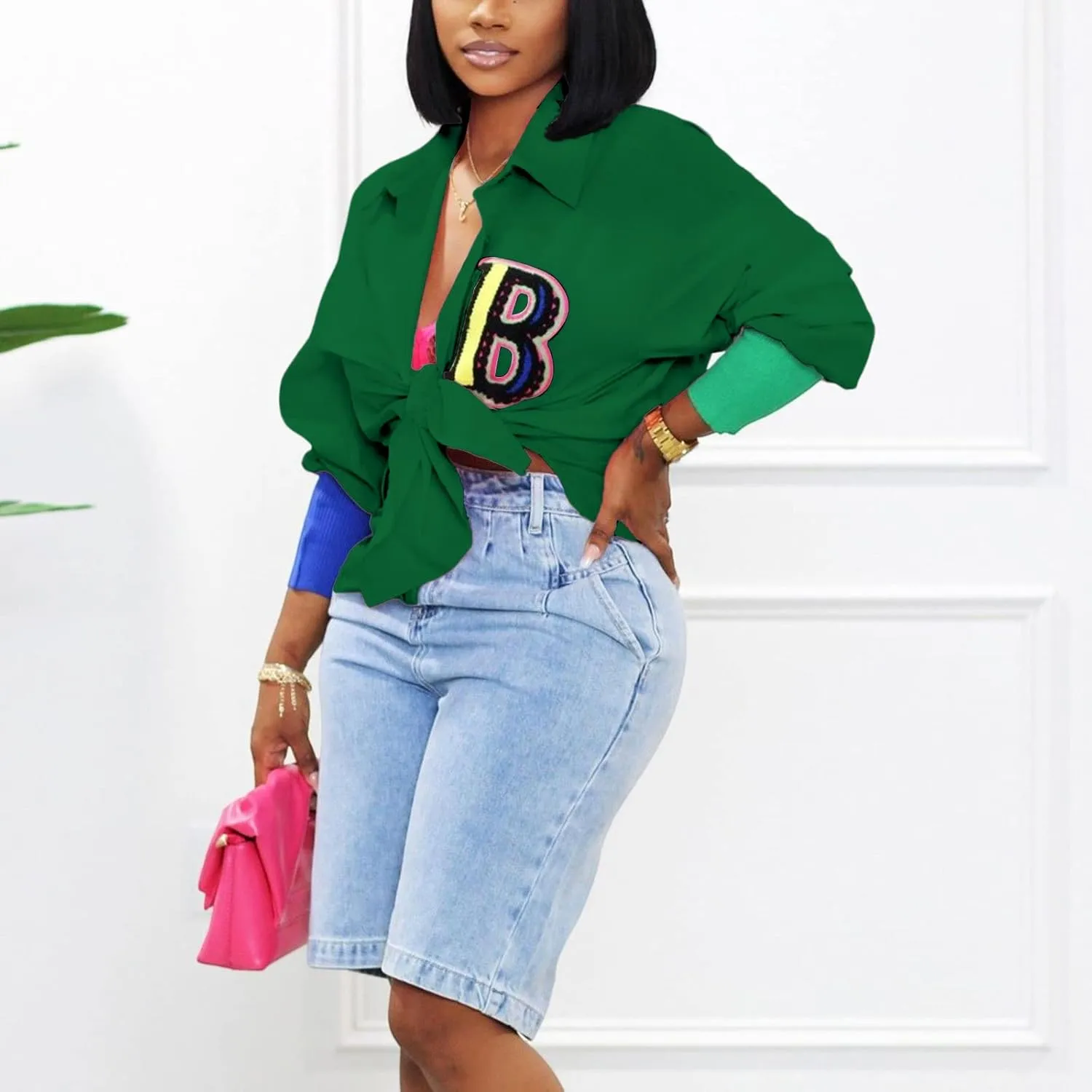 kaimimei Shirt Dress for Women Sexy-Color Block Letter Embroidery Button Down Long Sleeve Ribbed Cuff Club Blouse Mini Dress