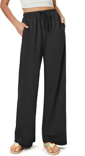 keriffe Women's Flowy Wide Leg Pants Casual Beach Pants High Waisted Drawstring Palazzo Trousers with Pockets