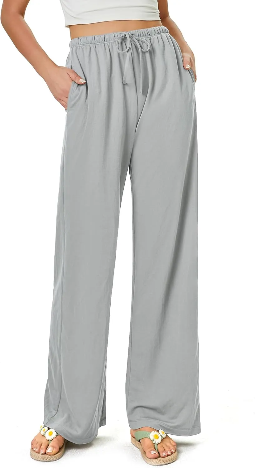 keriffe Women's Flowy Wide Leg Pants Casual Beach Pants High Waisted Drawstring Palazzo Trousers with Pockets