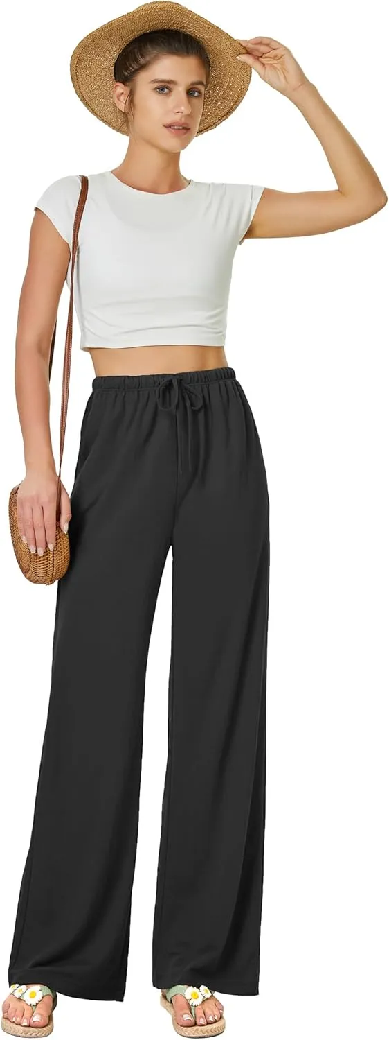 keriffe Women's Flowy Wide Leg Pants Casual Beach Pants High Waisted Drawstring Palazzo Trousers with Pockets